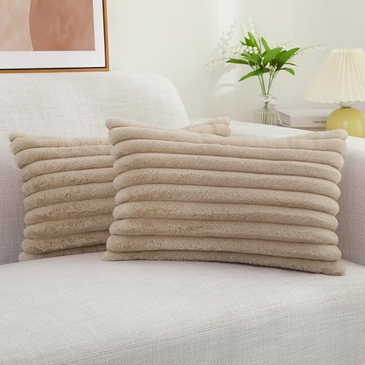 decorUhome Fall Faux Fur Throw Pillow Covers 12x20 Set of 2, Decorative Soft Plush Striped Neutral Euro Pillow Covers with Velvet Back for Bed, Living Room Home Decor, Light Khaki Brown