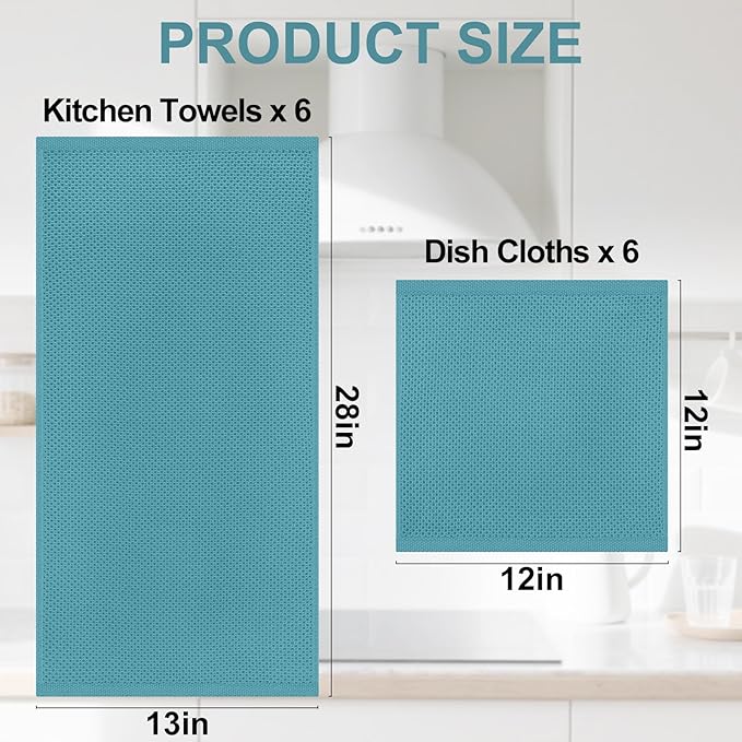 Homaxy 100% Cotton Kitchen Towels and Dishcloths Set, 12 x 12 Inches and 13 x 28 Inches, Set of 12 Bulk Kitchen Towels Set, Ultra Soft Absorbent Dish Cloths for Washing Dishes, Lake Blue