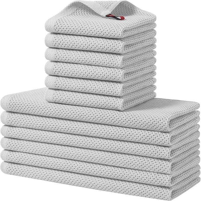 Homaxy 100% Cotton Kitchen Towels and Dishcloths Set, 12 x 12 Inches and 13 x 28 Inches, Set of 12 Bulk Kitchen Towels Set, Ultra Soft Absorbent Dish Cloths for Washing Dishes, Light Gray