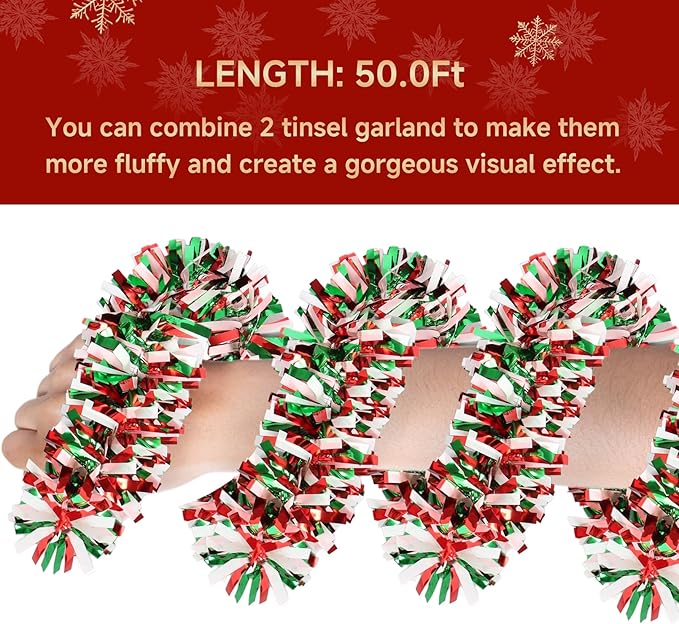 50Ft Christmas Tinsel Garland - Red Green White Shiny Metallic Twist Decor for Christmas Tree Home Stairs Railing Front Door Mantle Fireplace Indoor Outdoor Holiday Party