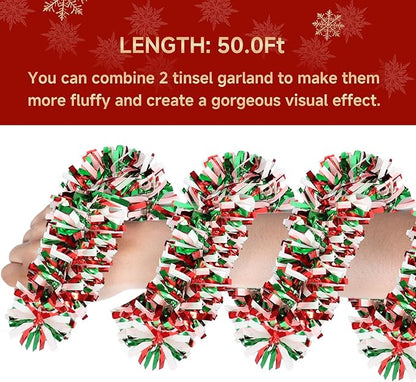50Ft Christmas Tinsel Garland - Red Green White Shiny Metallic Twist Decor for Christmas Tree Home Stairs Railing Front Door Mantle Fireplace Indoor Outdoor Holiday Party