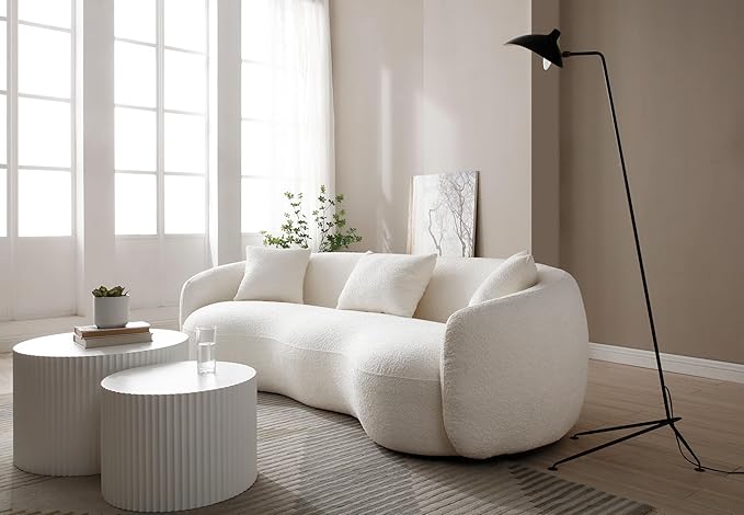 KEIKI 94" Boucle Half Moon Curved Sectional Sofa with 3 Throw Pillows, Modern Style 4-Seater Teddy Fleece Leisure Couch with Curved Backrest, Easy Assembly, for Apartment, Living Room, Bedroom, Whtie