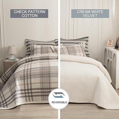 Cotton Plaid Quilt Set King 3 Piece Lightweight Reversible Bedding, Grid Grey White