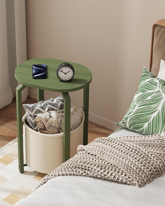 TUTOTAK Small Side Table, Oval End Table, Night Stand, Bedside Table, Sofa Table with Storage Basket, Living Room, Bed Room, Olive Green TB01BOG0932