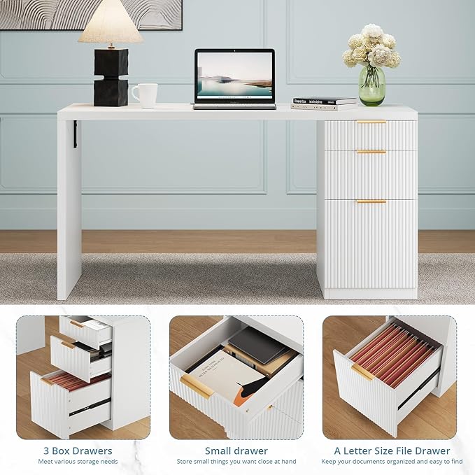 FURSUN 58" Modern Executive Desk with Storage, Home Office Desk with Drawer & Cabinet, Wooden Fluted Desk for Study, Living Room, Bedroom, White