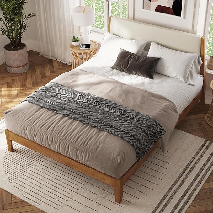 DG Casa Vandermark Solid Wood Easy Install Queen Bed Frame with Unique Headboard and Wooden Slat Support Included No Box Spring Required - Beige Walnut