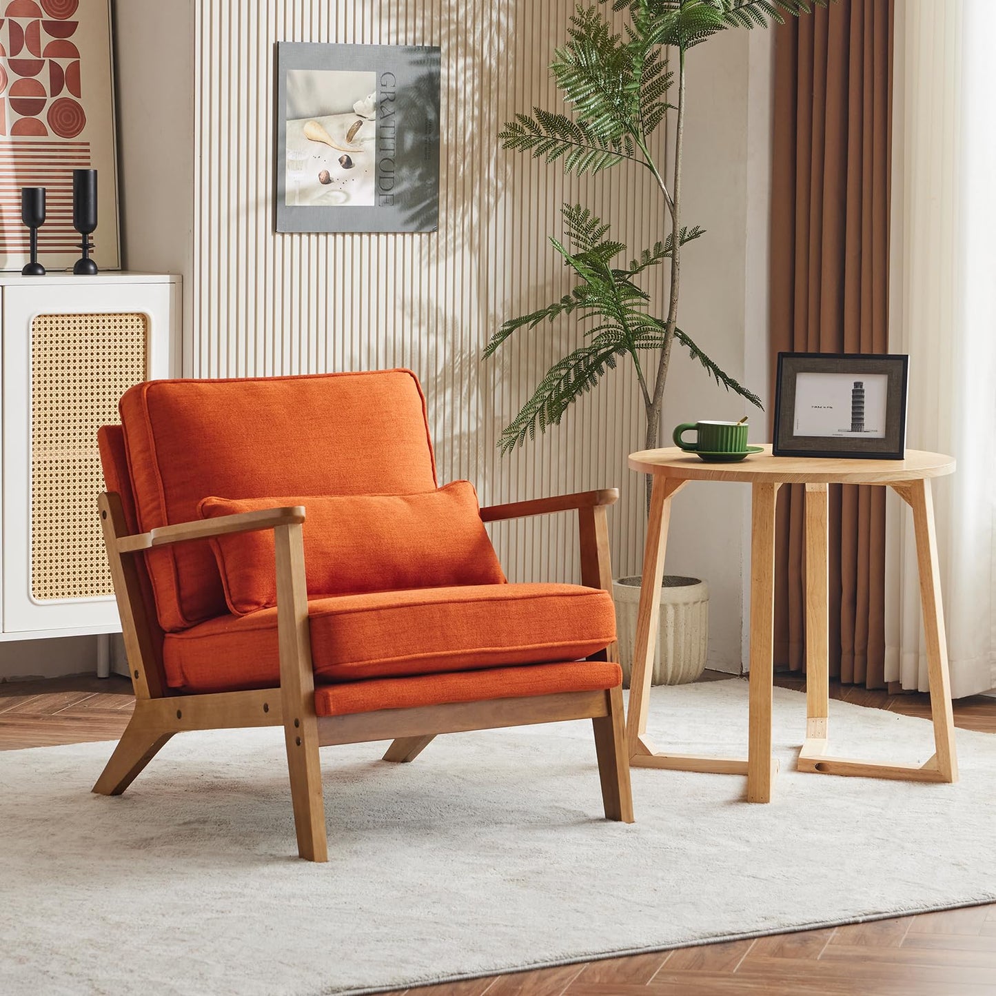 VINGLI Solid Wood Wide Armrests Accent Chair,Upholstered Mid Century Modern Chair with Pillow,Comfy Reading Chair Farmhouse Arm Chair,Chairs Living Room,Bedroom,Guest Room,Teddy Fleece,Khaki