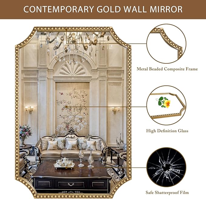 24"x36" Mirror for Wall, Scalloped Corners Rectangle Decorative Mirror, Metal Beaded Frame Accent Wall Decor for Bathroom, Entryway, Mantel, Antique Gold