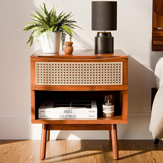 Bme Nancy Side Tables Bedroom, US Patent Pending Design, Acacia Wood Nightstand with Curved Shape and Inlaid Rattan, Nightstand with Drawers, Quick Leg Assembly, Dark Chocolate