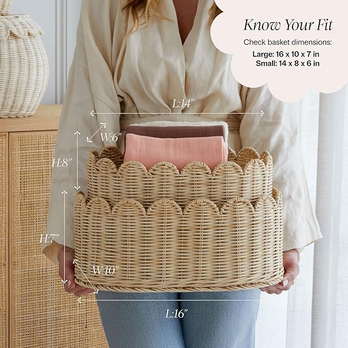 BEBE BASK Premium Scalloped Basket Set Of 2 - Scallop Basket - 16 x 10 x 7 Inch - Hand-Woven Elegant Wicker With Scalloped Edge - Nursery Storage (Natural)