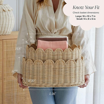 BEBE BASK Premium Scalloped Basket Set Of 2 - Scallop Basket - 16 x 10 x 7 Inch - Hand-Woven Elegant Wicker With Scalloped Edge - Nursery Storage (Natural)