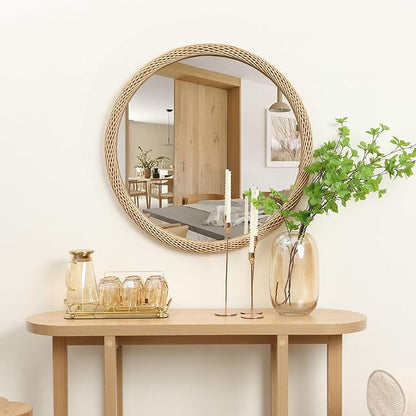 LuxenHome Rattan Bathroom Mirror, 30-Inch Large Bamboo Framed Round Wall Mirror, Rustic Farmhouse Handmade Accent for Bathroom, Bedroom, Entryway, Living Room, Nursery Home Decor Mirrors