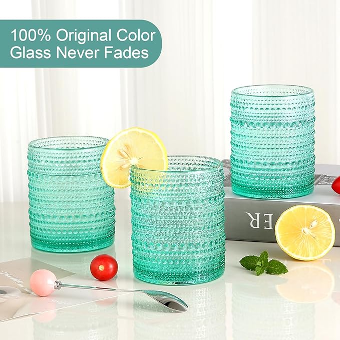 Vintage Glassware Drinking Glasses Set of 6,12 oz Hobnail Glass Cups,Embossed Lake Blue Water Tumbler,for Beer,Cocktail,Whiskey,Juice and Various Mixed Drinks- 1 Cleaning Brush