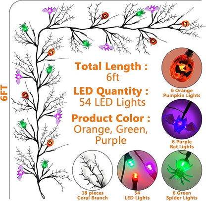 [ 8 Modes & Timer ] 6 Ft 54 LED Halloween Willow Vine Twig Decor Garland with 6 Bats & Pumpkins & Spiders Lights Waterproof Battery Operated Halloween Decorations Home Wall Fireplace Decor