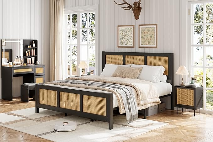 GarveeHome Full Size Rattan Bed Frame with Headboard, Black Boho Cane Platform Bed Frame with Strong Metal Slat, Noise Free, No Box Spring Needed
