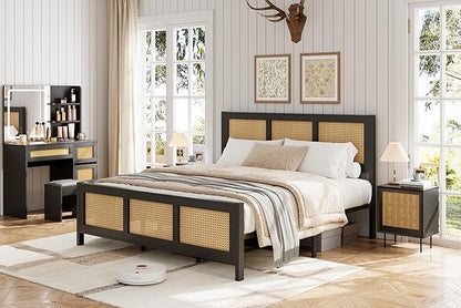GarveeHome Full Size Rattan Bed Frame with Headboard, Black Boho Cane Platform Bed Frame with Strong Metal Slat, Noise Free, No Box Spring Needed