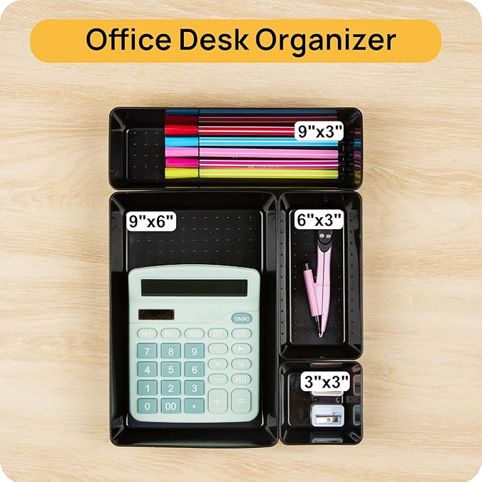 Vtopmart 25 PCS Desk Drawer Organizers Set, 4-Size Versatile Plastic Drawer Organizer Desk Accessories Office Organizers and Storage, Bathroom, Makeup, Vanity, Black