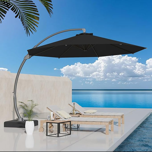 Kingdura 11ft Offset Cantilever Patio Umbrella with Base Included, Large Round Aluminum Outdoor Umbrella, 360° Rotation & Infinite Tilt, Heavy Duty Frame for Deck Pool Backyard, Black