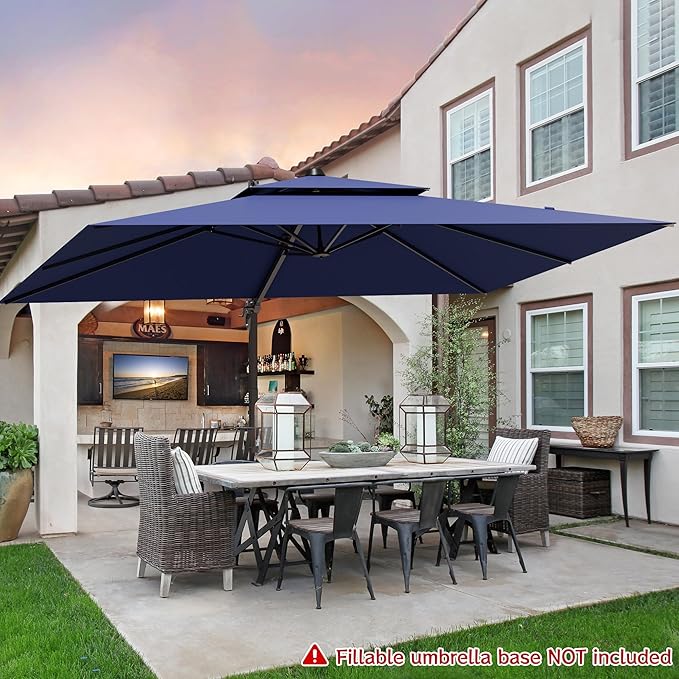 9x12FT Navy Cantilever Outdoor Patio Umbrella with Base, Large Rectangular Offset Design, Double Top Heavy Duty Aluminum Frame & 360° Rotation for Pool Garden Deck Backyard