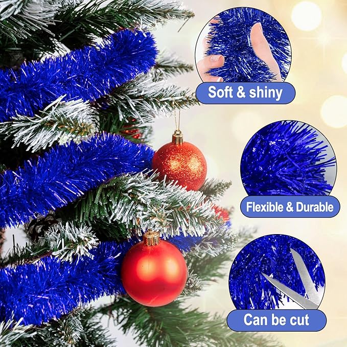 50 Feet Blue Christmas Tinsel Garland, Metallic Foil Twist Garland Wall Hanging Tinsel Banner Backdrop for Parade Floats, Easter, Mother's Day, Wedding Party Decorations (2in x 50ft)