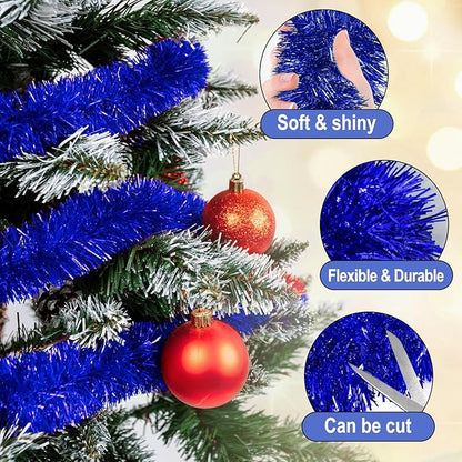 50 Feet Blue Christmas Tinsel Garland, Metallic Foil Twist Garland Wall Hanging Tinsel Banner Backdrop for Parade Floats, Easter, Mother's Day, Wedding Party Decorations (2in x 50ft)