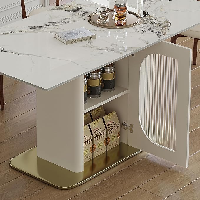Montary 63" Modern Dining Table for 4-6 People, Kitchen Table with Storage Shelf & Acrylic Door Cabinet, Sintered Stone Tabletop with Golden Solid Wood Base, Perfect for Apartments and Home Use