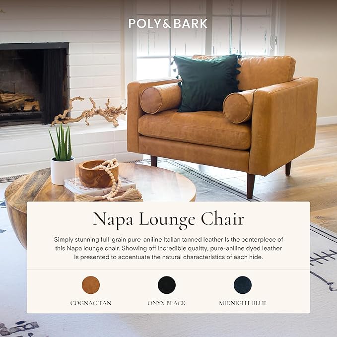 Poly & Bark Napa Lounge Chair - Leather Chair with Tufted Back - Full-Grain Living Room Armchair with Feather-Down Topper - Single Couch - Vintage Italian Leather in Cognac Tan