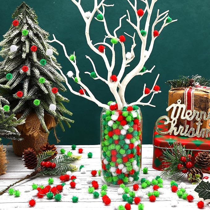 SEPGLITTER Christmas Pom Poms Balls, 1000 Pieces Glitter Red Light Green White Pompoms Pom Poms for Crafts Making DIY Holiday Christmas Decorations Supplies (4colors, 1.2cm )