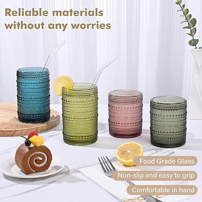 Vintage Hobnail Drinking Glasses Set of 8,Colored 12 oz & 15oz Highball Glass Cups, Kitchen Drinkware Glassware
