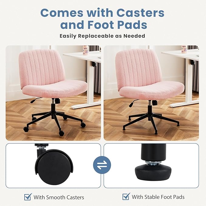 DUMOS Criss Cross Chair with Wheels, Wide Cross Legged Desk Vanity Chairs, Armless Adjustable Swivel Chairs for Home Computer Task, Teddy Pink