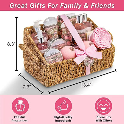 Bath Spa Gift Sets - Luxury Basket With Rose Oil & Peony - Spa Kit Includes Wash, Bubble Bath, Lotion, Bath Salts, Body Scrub, Body Spray, Shower Puff, Bathbombs, Soap and Towel