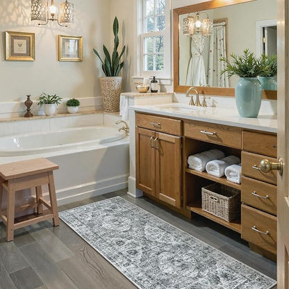 Uphome Bathroom Runner Rug, Distressed Tribal Farmhouse Gray Bathroom Mat, Large Bathroom Rugs Non Slip Washable, Oriental Retro Boho Bath Mat Runner for Bathtub Sink Hallway, 24x71 inch