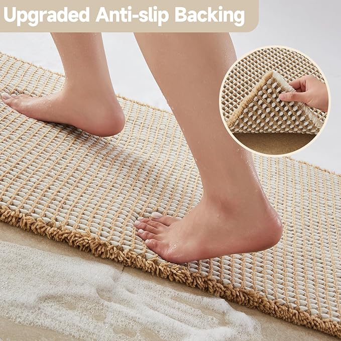 Waffle Bath Mat, Boho Bathroom Rugs Non Slip Washable Super Absorbent Quick Dry Bath Mat Farmhouse Bathroom Decor, 30"x20" Khaki and White