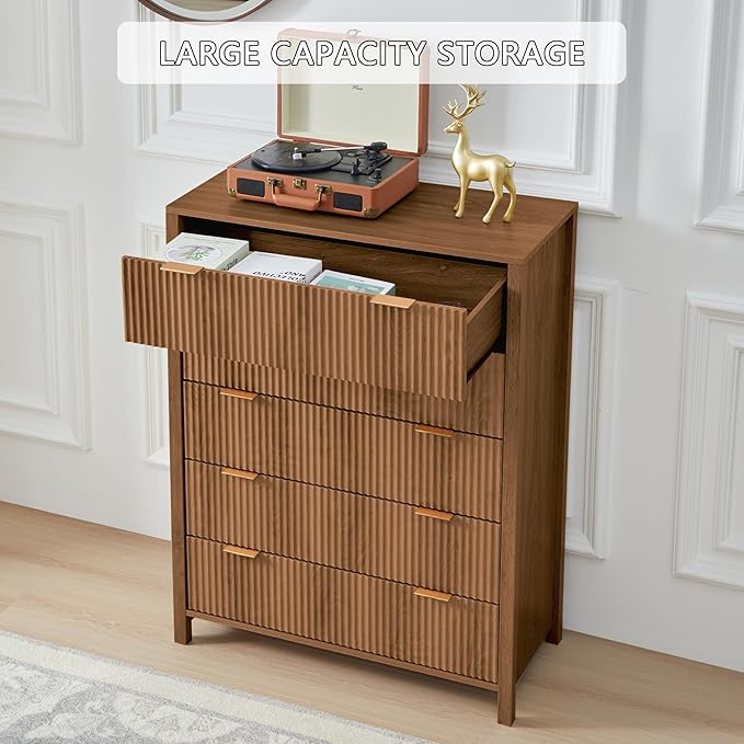 5 Drawer Dressers for Bedroom, Modern Closet Chest of Drawers with Waveform Fluted Panel, Large Wood Storage Dresser Organizer for Nursery Bedroom Living Room Hallway Closet, Walnut