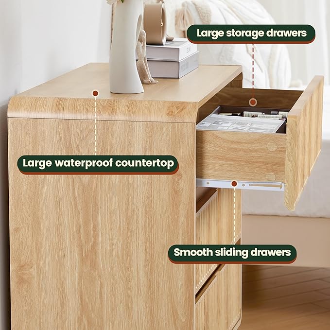 Fluted 3 Drawer Dressers for Bedroom, 31.5" Wide Large Mid Century Modern Nightstand 2 Sets W/3 Storage Drawers , Wood Dresser & Chest of Drawers with Curved Profile for Living Room (Natural)