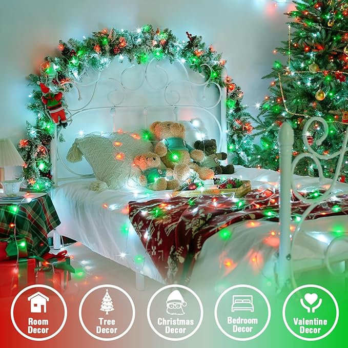 JMEXSUSS Connectable Red White and Green Christmas Lights, 8 Modes 100 LED Twinkle String Lights Indoor, Clear Wire Plug-in String Lights Outdoor Waterproof