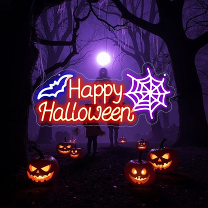 Happy Halloween Neon Sign, Halloween Hanging Neon Sign for Bat Neon Light Halloween Bedroom Kids Room Bar Club Decoration Gift Seasonal Outdoor Party Backdrop Haunted House Decor Banner