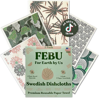 FEBU Swedish Dishcloths for Kitchen 5 Pack Botanique Reusable Washable Absorbent Dish Towels