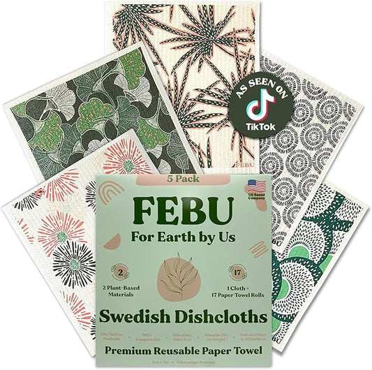 FEBU Swedish Dishcloths for Kitchen 5 Pack Botanique Reusable Washable Absorbent Dish Towels