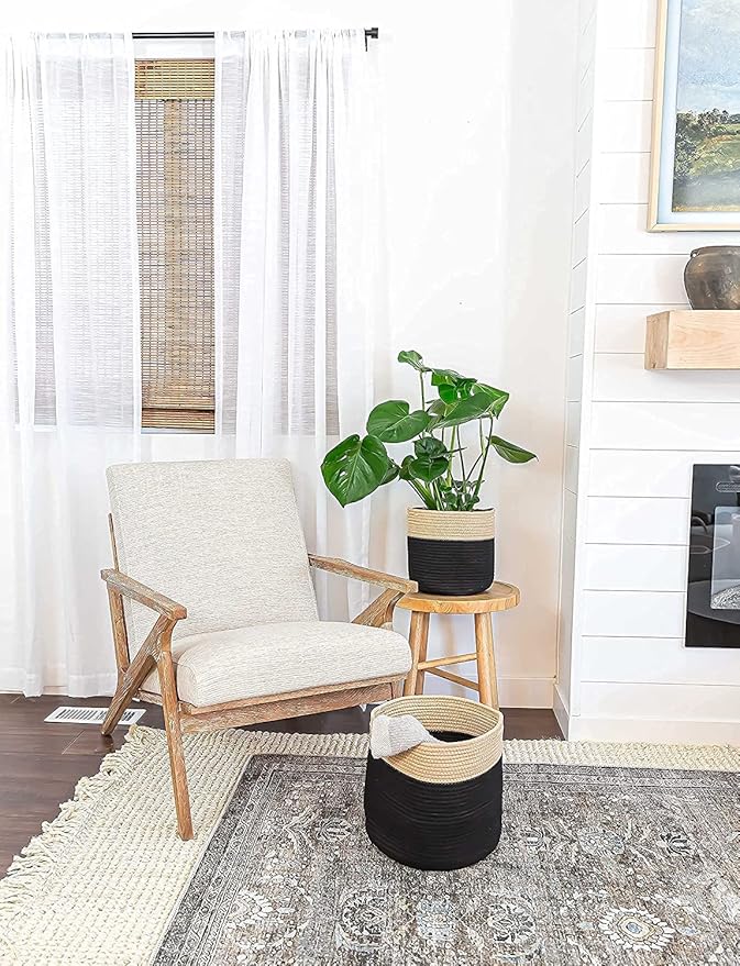 Woven Cotton Rope Plant Basket for 10.5" Flower Pot Floor Indoor Planters Flower Pot, Home Decor Storage Organizer H11 x W11 Black&Brown
