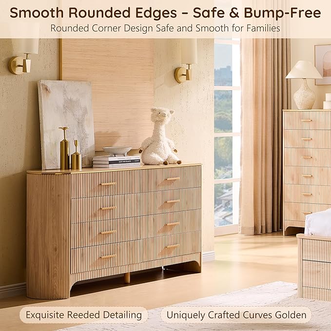 Fluted 8 Drawer Dresser for Bedroom with Curved Profile Design,53.9" W Wide Chest of Drawers with Reeded Front Panels,Wide Storage Cabinet with Smooth-Glide Drawers for Living Room,Light Oak