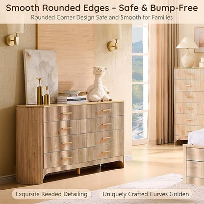 Fluted 8 Drawer Dresser for Bedroom with Curved Profile Design,53.9" W Wide Chest of Drawers with Reeded Front Panels,Wide Storage Cabinet with Smooth-Glide Drawers for Living Room,Light Oak