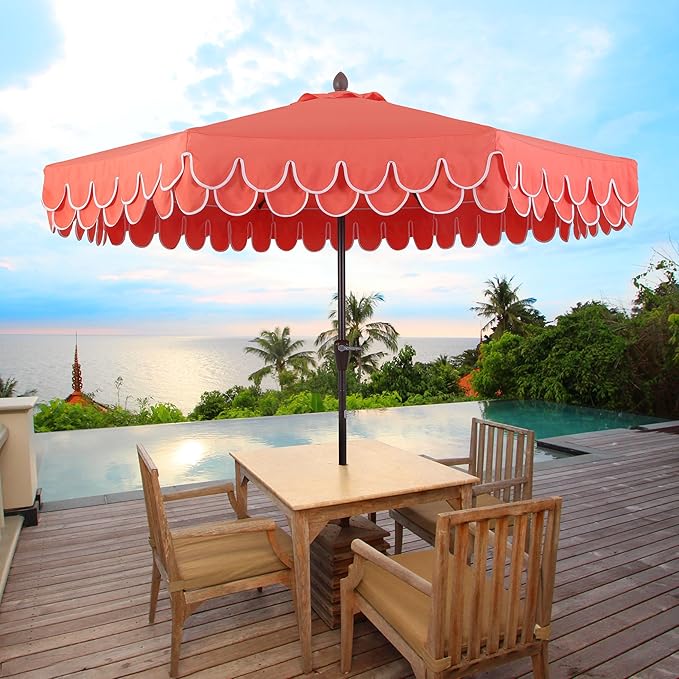 JONATHAN Y UMB1002A Tracy 9 ft. Classic MidCentury Scalloped Fringe Market Patio Umbrella with Auto-Tilt, Crank, Wind Vent and UV Protection in Coral Red/White