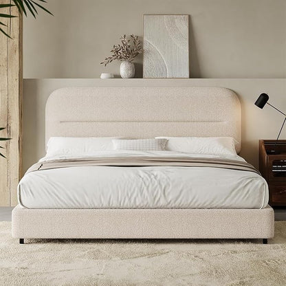 HOMBCK Bed Frame Queen Size, Boucle Upholstered Platform Queen with Headboard, Soft Headboard with Rounded Corners Design, Wood Slats, No Box Spring Required, Easy Assembly, Beige