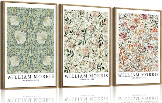 ILLBDR William Morris Wall Art Vintage Botanical Floral Canvas Wall Art Set of 3, William Morris Print Farmhouse Rustic Aesthetic Decor Abstract Artwork, 16x24 Inch Framed
