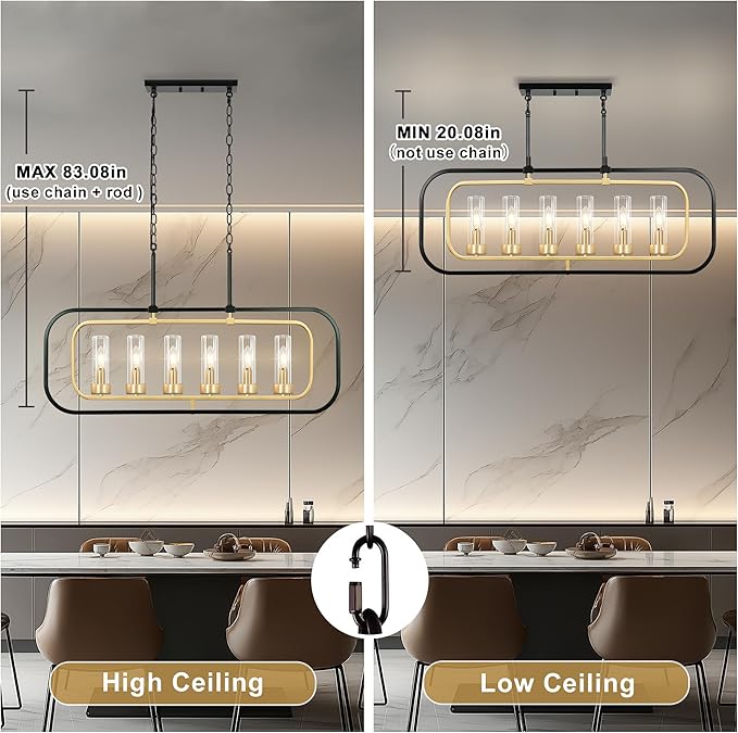 Dining Room Chandelier, 36" Modern Farmhouse Chandelier Black and Gold Dining Room Light Fixture 6-Light Kitchen Island Lights Horizontal Linear Pendant Light Fixtures with Clear Glass Shade