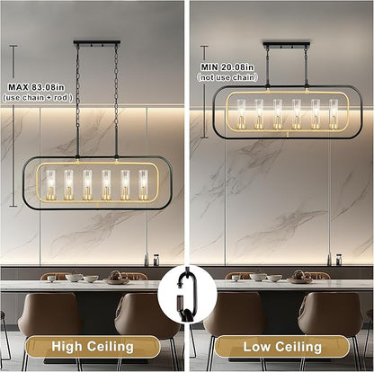 Dining Room Chandelier, 36" Modern Farmhouse Chandelier Black and Gold Dining Room Light Fixture 6-Light Kitchen Island Lights Horizontal Linear Pendant Light Fixtures with Clear Glass Shade