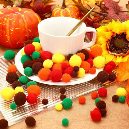 UPINS Fall Pom Poms Balls,600 Pieces Orange Brown Red Pom Poms Mixed Sizes Pompoms for Crafts Making DIY Autumn Thanksgiving Party Decorations Supplies (5 Colors)