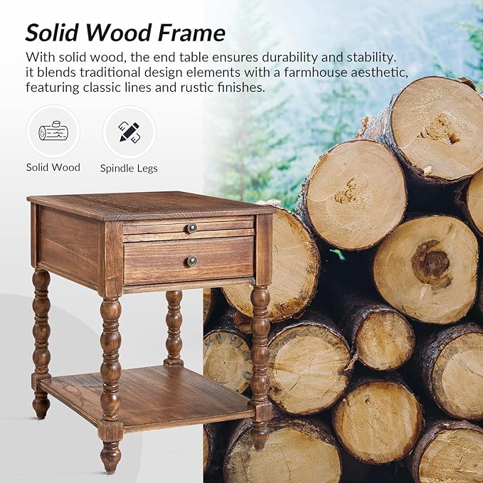 HULALA HOME Spindle Nightstands with Charging Station, Solid Wood Nightstand with Drawer Shelf, Side Table with Pull-Out Shelf (Walnut)