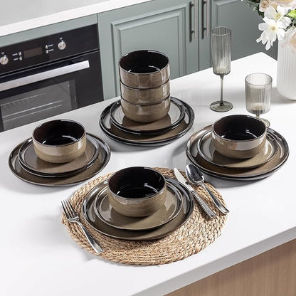 LeRatio Ceramic Dinnerware Sets for 6,Poreclain Plates and Bowls Sets,Handmade Reactive Glaze Dishes Set,Chip Resistant and Scratch Resistant | Oven&Dishwasher & Microwave Safe-Espresso Brown(18PCS)